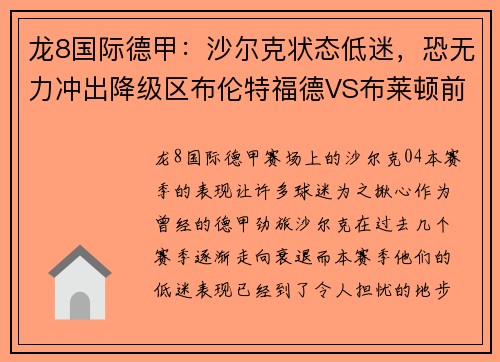 龙8国际德甲：沙尔克状态低迷，恐无力冲出降级区布伦特福德VS布莱顿前瞻