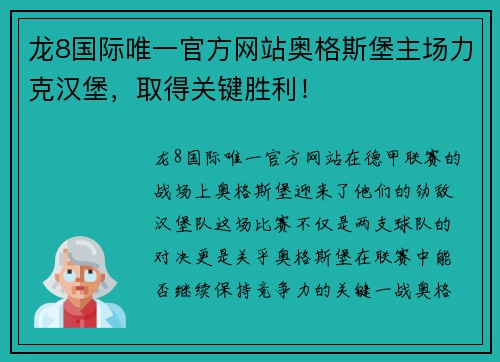 龙8国际唯一官方网站奥格斯堡主场力克汉堡，取得关键胜利！