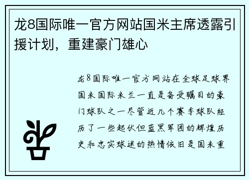 龙8国际唯一官方网站国米主席透露引援计划，重建豪门雄心