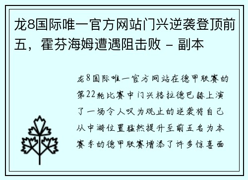 龙8国际唯一官方网站门兴逆袭登顶前五，霍芬海姆遭遇阻击败 - 副本