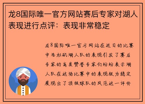 龙8国际唯一官方网站赛后专家对湖人表现进行点评：表现非常稳定