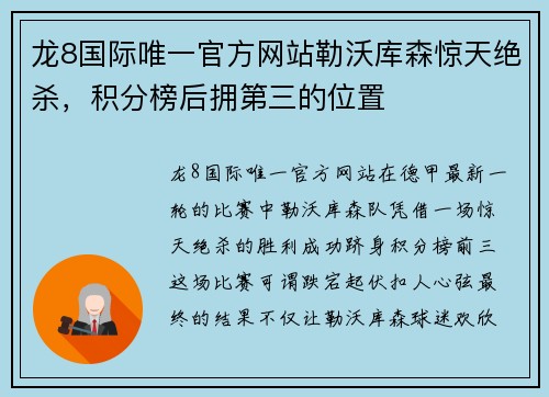 龙8国际唯一官方网站勒沃库森惊天绝杀，积分榜后拥第三的位置